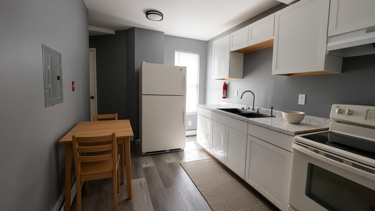 Virtually staged kitchen. The table, chairs, bowl, and runner are not in the residence.