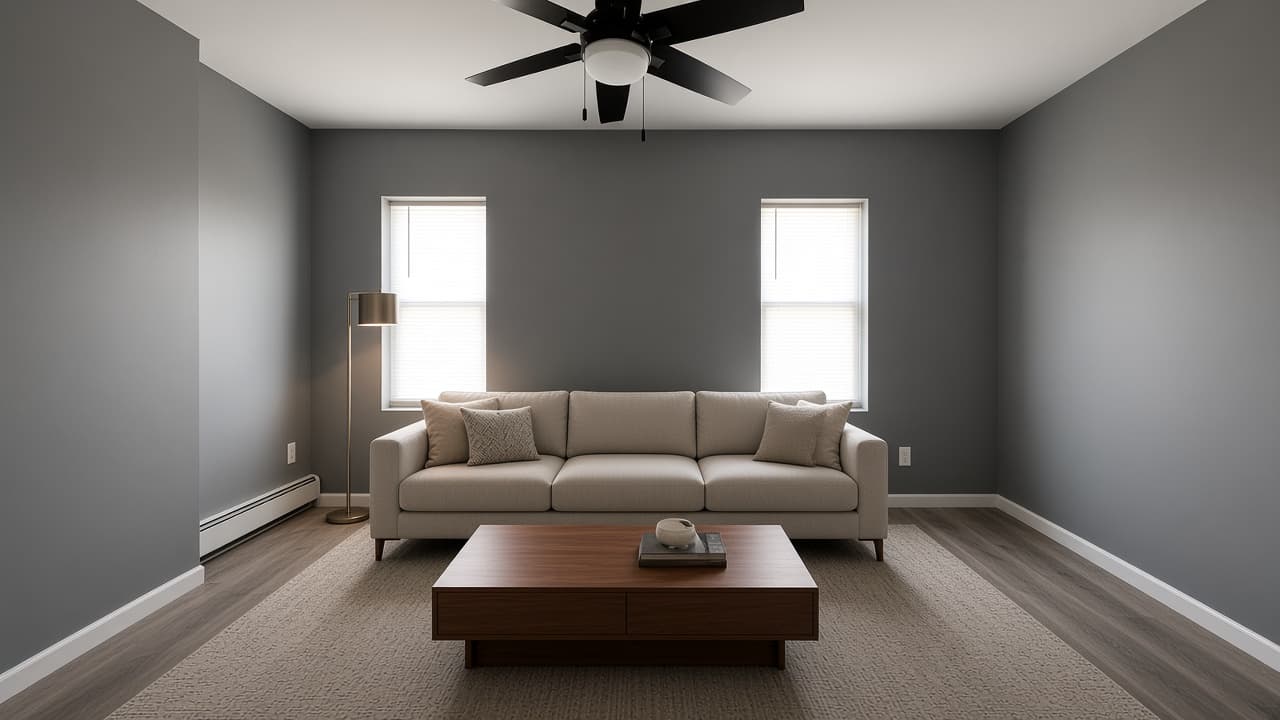 Virtually staged living room. The sofa, table, lamp, and rug are not in the residence.